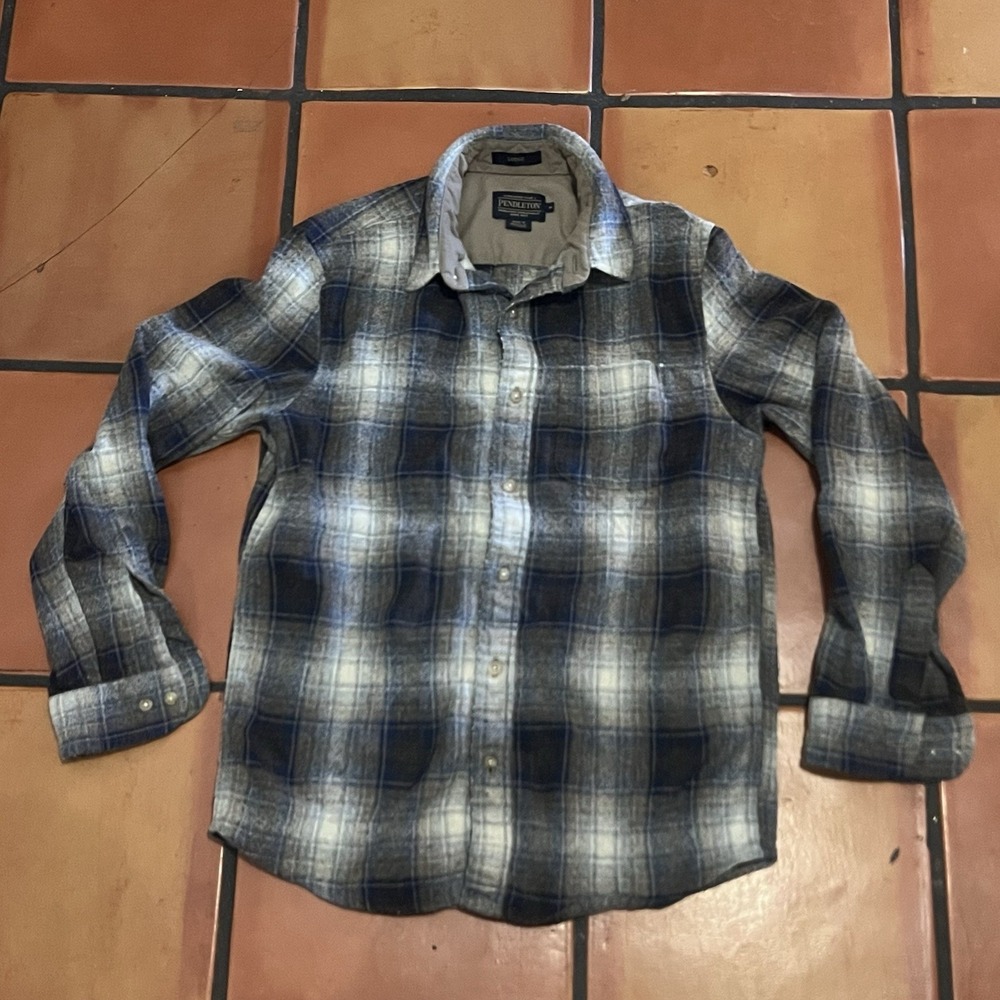 Pendleton Lodge Shirt Long Sleeve Virgin Wool Black Plaid Men's Medium M
